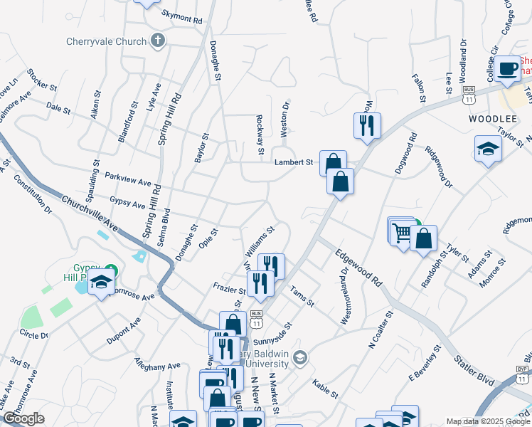 map of restaurants, bars, coffee shops, grocery stores, and more near 108 Overlook Road in Staunton