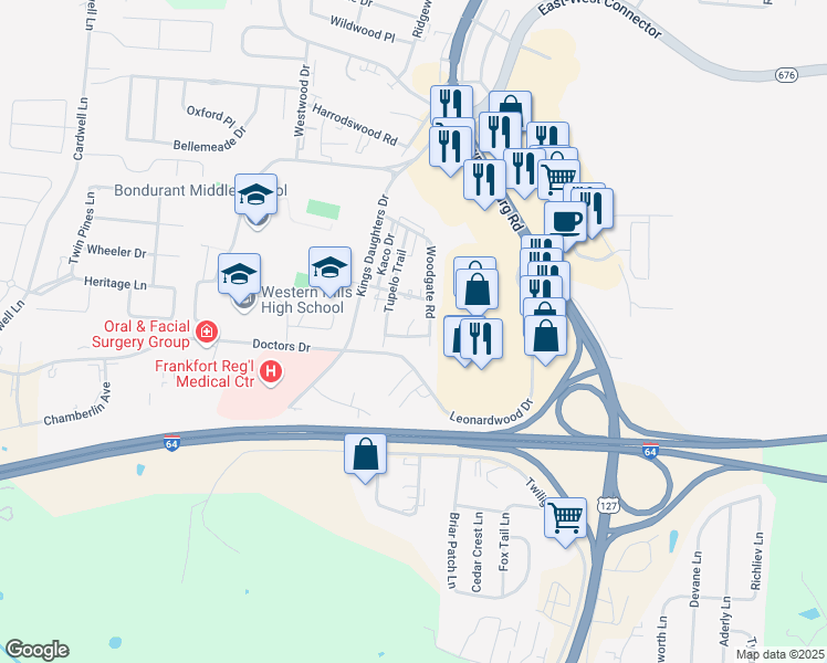 map of restaurants, bars, coffee shops, grocery stores, and more near Arborwood Dr in Frankfort