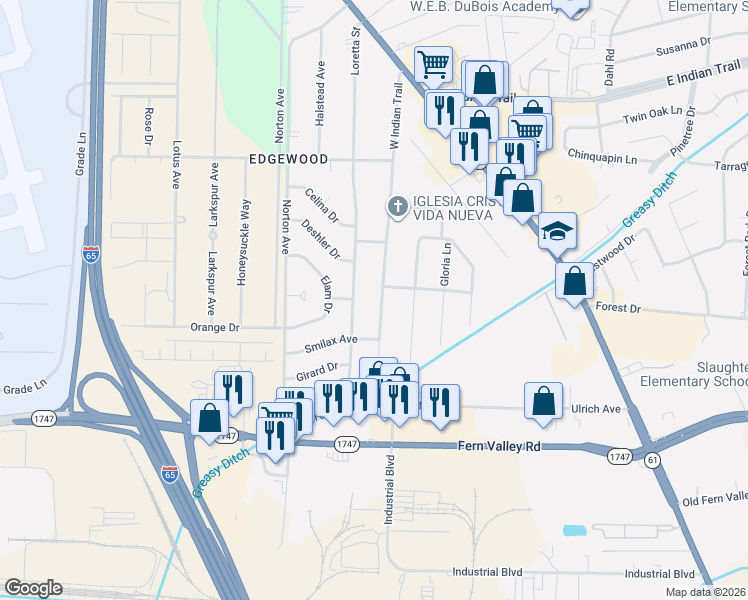 map of restaurants, bars, coffee shops, grocery stores, and more near 1013 West Indian Trail in Louisville