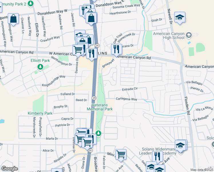 map of restaurants, bars, coffee shops, grocery stores, and more near 142 Entrada Circle in American Canyon