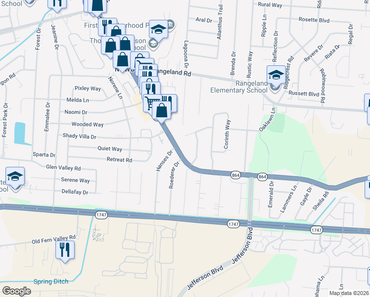 map of restaurants, bars, coffee shops, grocery stores, and more near 5073 Poplar Level Road in Louisville