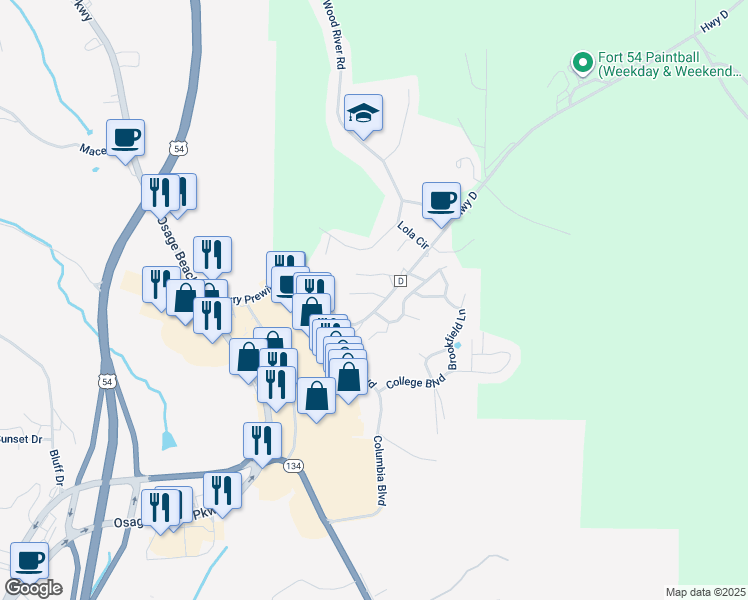 map of restaurants, bars, coffee shops, grocery stores, and more near Highway D in Lake Ozark