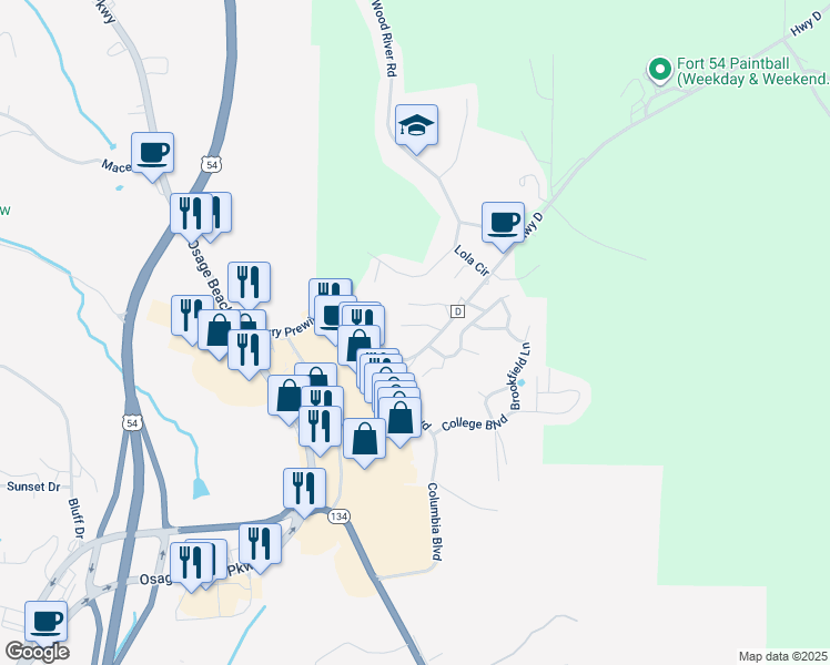 map of restaurants, bars, coffee shops, grocery stores, and more near Highway D in Lake Ozark