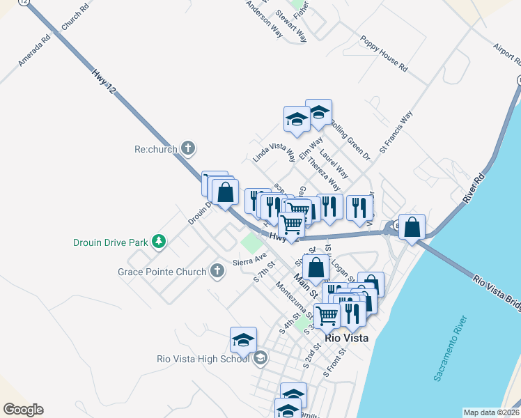 map of restaurants, bars, coffee shops, grocery stores, and more near 909 Flores Way in Rio Vista