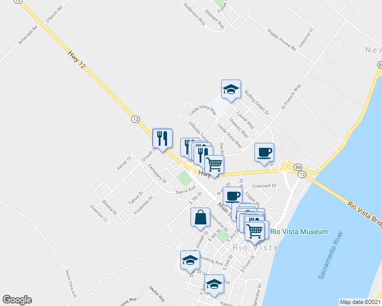 map of restaurants, bars, coffee shops, grocery stores, and more near 949 Flores Way in Rio Vista