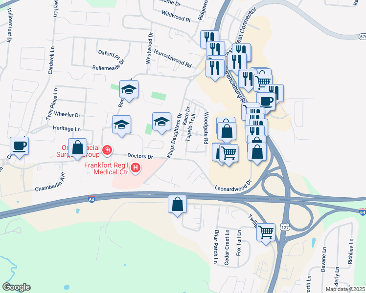 map of restaurants, bars, coffee shops, grocery stores, and more near 220 Tupelo Trail in Frankfort