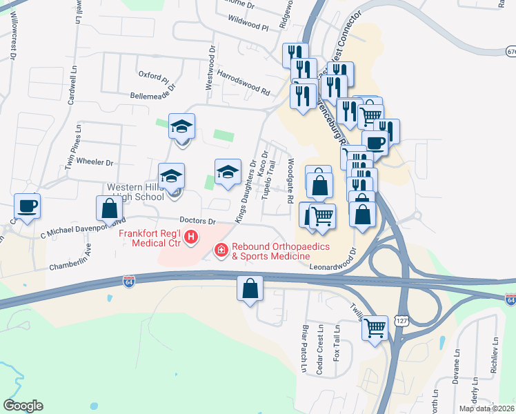 map of restaurants, bars, coffee shops, grocery stores, and more near 220 Tupelo Trail in Frankfort