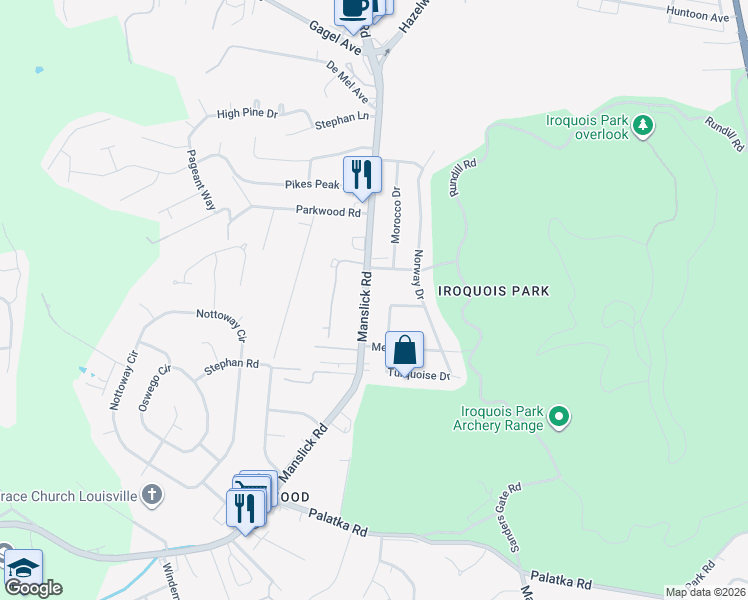 map of restaurants, bars, coffee shops, grocery stores, and more near 6804 Mariposa Drive in Louisville