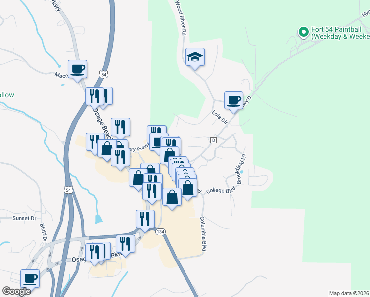 map of restaurants, bars, coffee shops, grocery stores, and more near 919 Highway D in Osage Beach