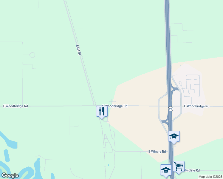 map of restaurants, bars, coffee shops, grocery stores, and more near 3819 East Woodbridge Road in Acampo