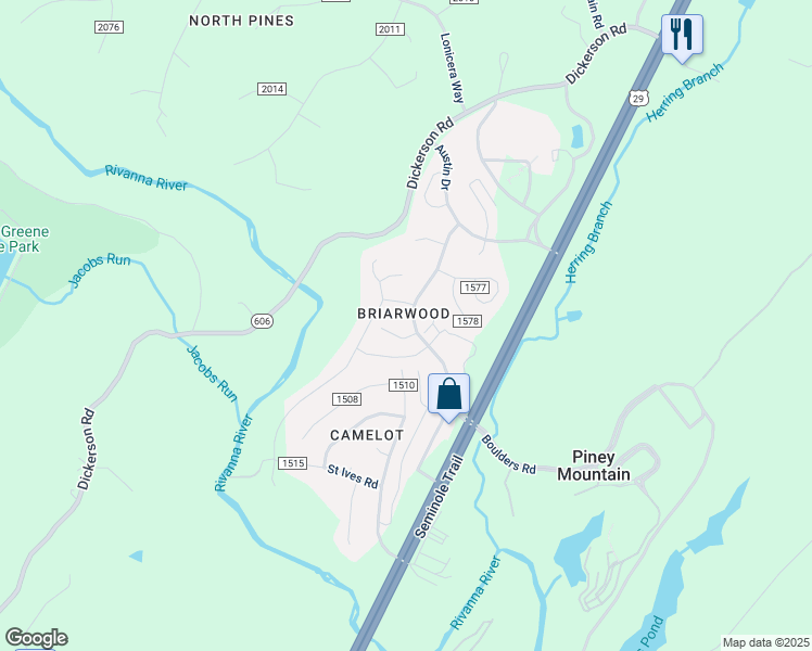 map of restaurants, bars, coffee shops, grocery stores, and more near 4584 Briarwood Drive in Charlottesville