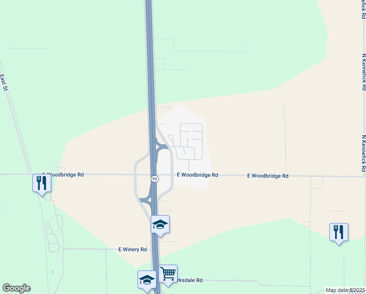 map of restaurants, bars, coffee shops, grocery stores, and more near 19690 California 99 in Acampo
