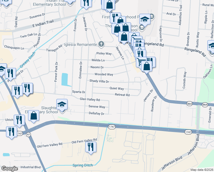 map of restaurants, bars, coffee shops, grocery stores, and more near 4115 Retreat Road in Louisville