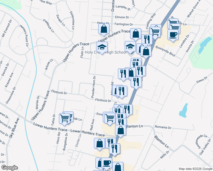 map of restaurants, bars, coffee shops, grocery stores, and more near 5320 Milner Road in Louisville