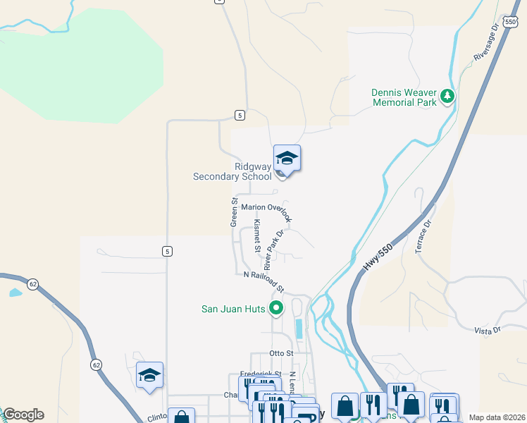 map of restaurants, bars, coffee shops, grocery stores, and more near North Laura Street in Ridgway