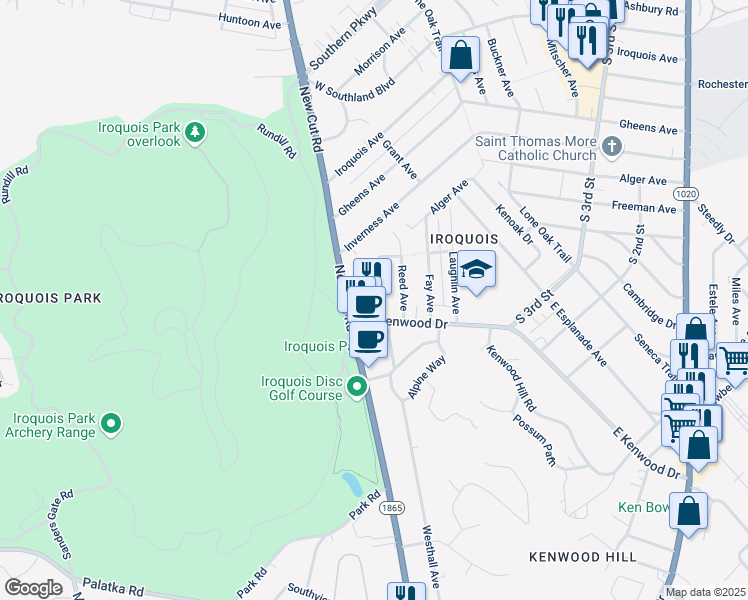 map of restaurants, bars, coffee shops, grocery stores, and more near 5115 Emery Avenue in Louisville