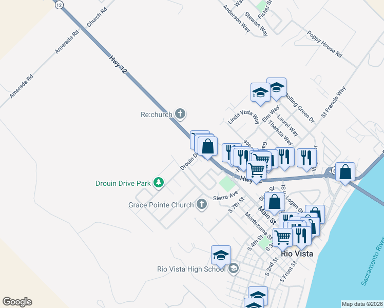 map of restaurants, bars, coffee shops, grocery stores, and more near 140 Drouin Drive in Rio Vista