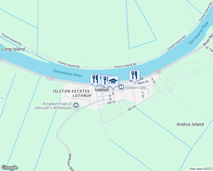 map of restaurants, bars, coffee shops, grocery stores, and more near 208 1st Street in Isleton