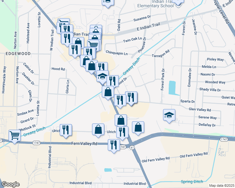 map of restaurants, bars, coffee shops, grocery stores, and more near 3402 Prestwood Drive in Louisville