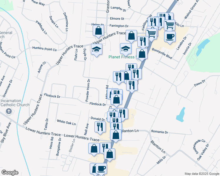 map of restaurants, bars, coffee shops, grocery stores, and more near 5133 Milner Road in Louisville