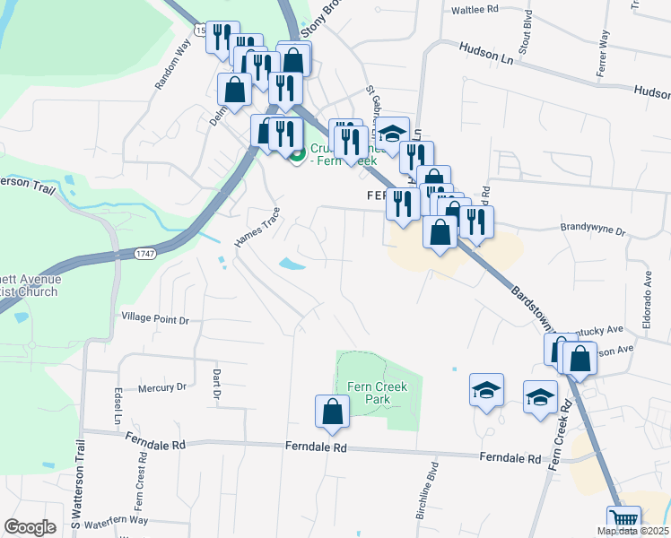map of restaurants, bars, coffee shops, grocery stores, and more near 6119 Hudson Creek Drive in Louisville