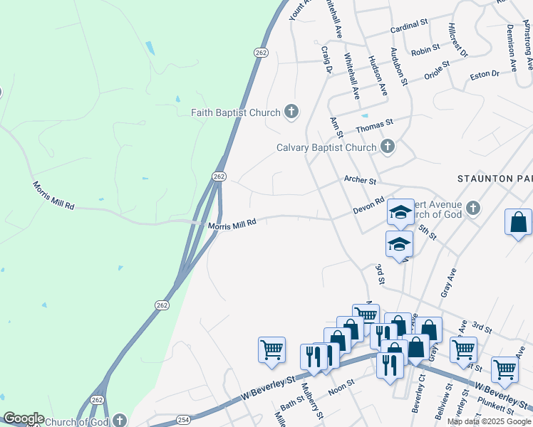 map of restaurants, bars, coffee shops, grocery stores, and more near 2337 Morris Mill Road in Staunton