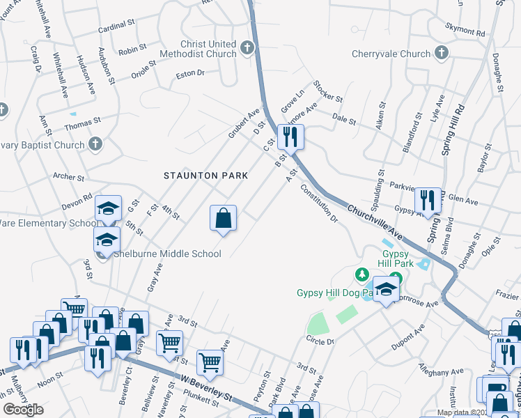 map of restaurants, bars, coffee shops, grocery stores, and more near 608 A Street in Staunton