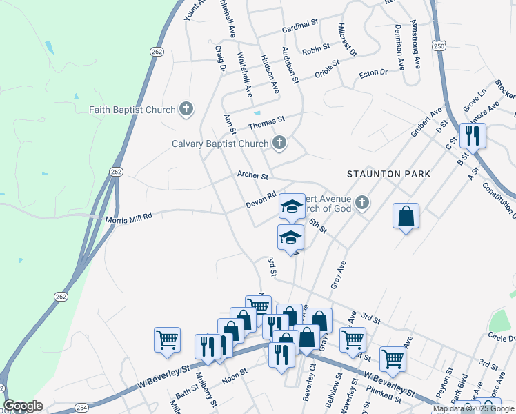 map of restaurants, bars, coffee shops, grocery stores, and more near 205 Devon Road in Staunton