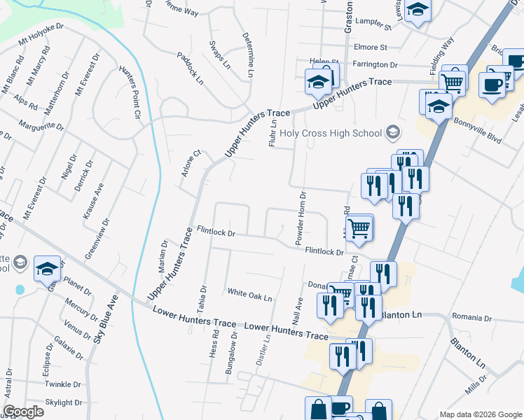 map of restaurants, bars, coffee shops, grocery stores, and more near 6353 Doe Run Road in Louisville