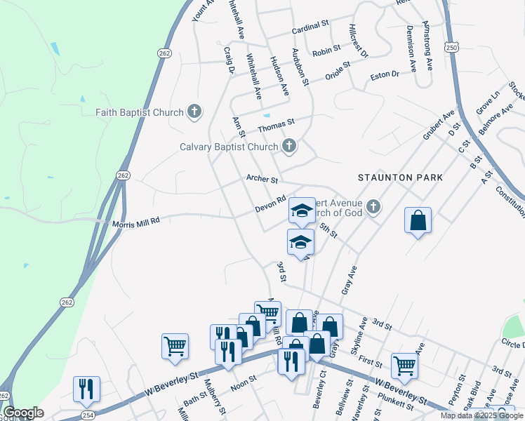 map of restaurants, bars, coffee shops, grocery stores, and more near 205 Devon Road in Staunton