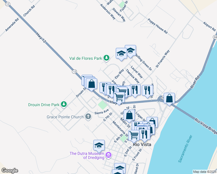 map of restaurants, bars, coffee shops, grocery stores, and more near 835 Elm Way in Rio Vista