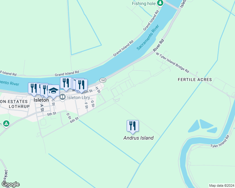map of restaurants, bars, coffee shops, grocery stores, and more near 712 Annemarie Way in Isleton