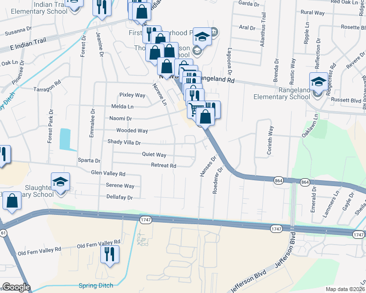 map of restaurants, bars, coffee shops, grocery stores, and more near 4413 Norene Lane in Louisville