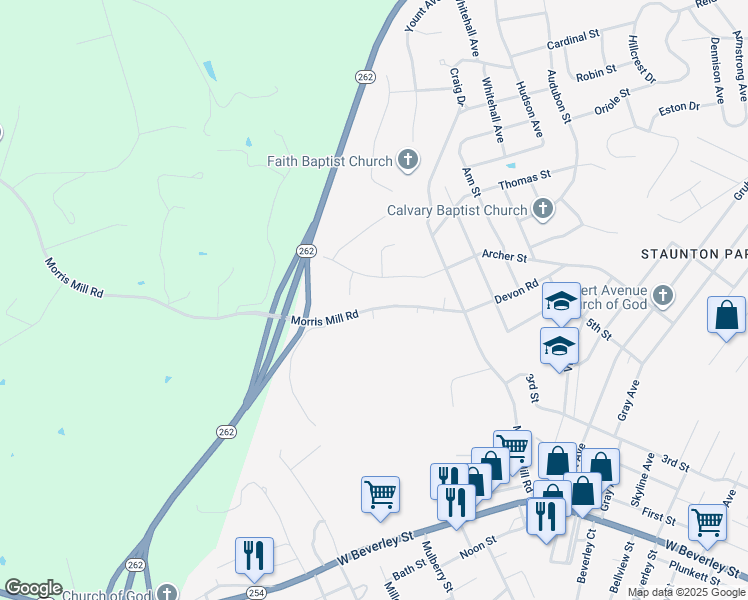 map of restaurants, bars, coffee shops, grocery stores, and more near 2337 Morris Mill Road in Staunton