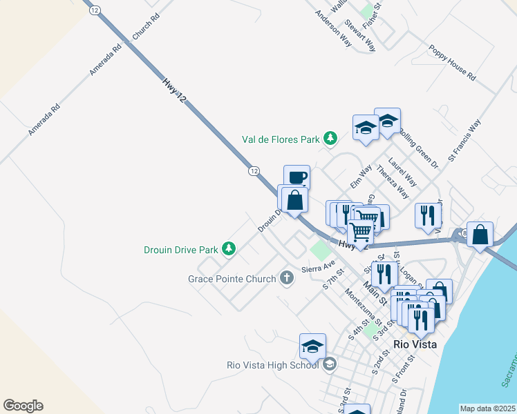 map of restaurants, bars, coffee shops, grocery stores, and more near 150 Drouin Drive in Rio Vista