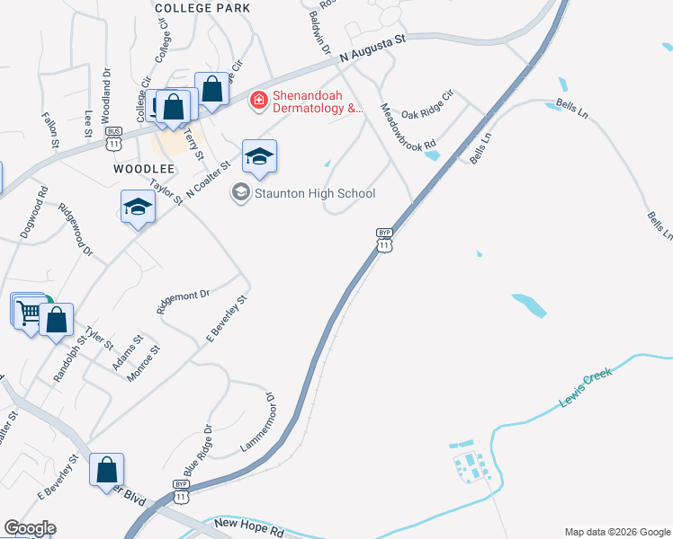 map of restaurants, bars, coffee shops, grocery stores, and more near 840 Commerce Road in Staunton