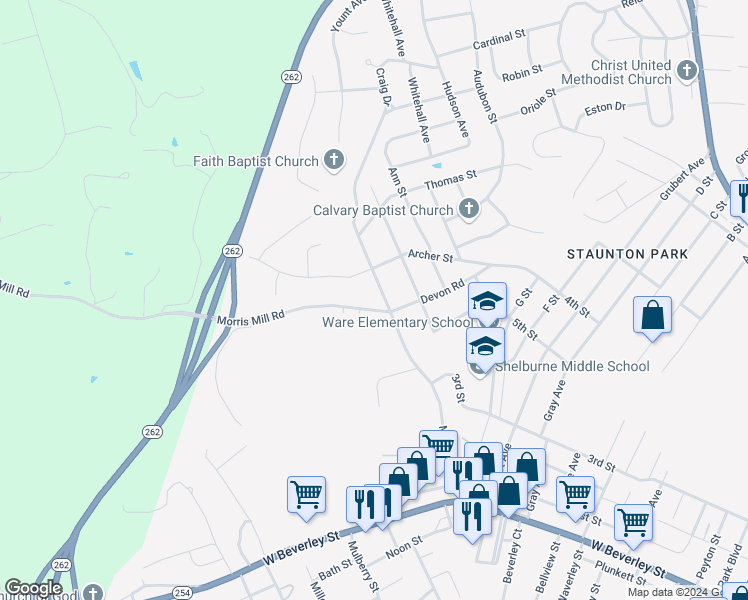 map of restaurants, bars, coffee shops, grocery stores, and more near 108 Essex Drive in Staunton