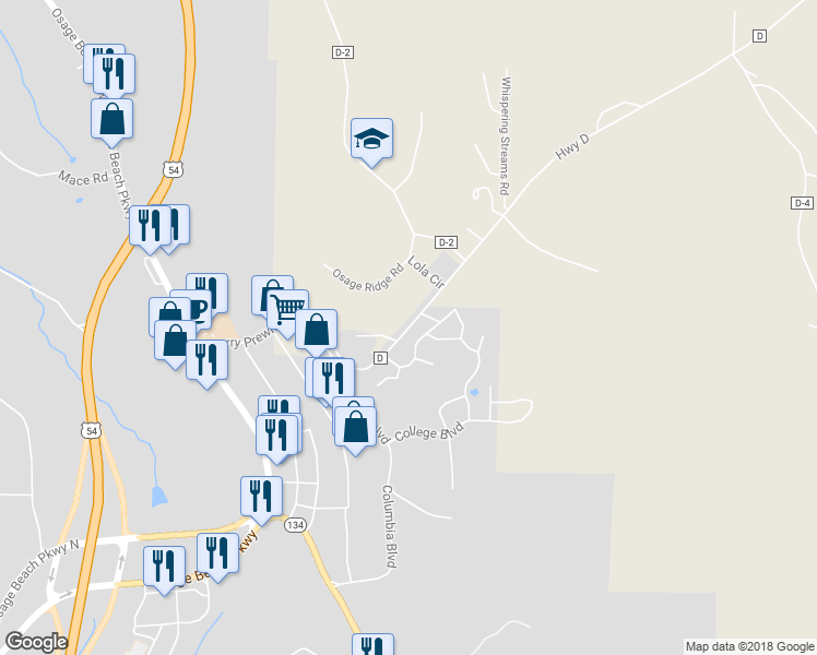 map of restaurants, bars, coffee shops, grocery stores, and more near Highway D in Lake Ozark