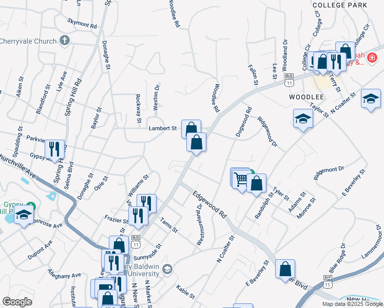 map of restaurants, bars, coffee shops, grocery stores, and more near 1410A North Augusta Street in Staunton