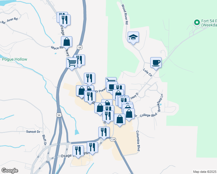 map of restaurants, bars, coffee shops, grocery stores, and more near Barry Prewitt Memorial Drive in Lake Ozark
