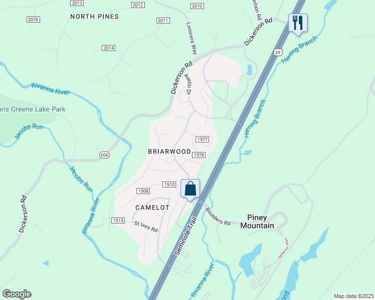 map of restaurants, bars, coffee shops, grocery stores, and more near 2198 Silkwood Court in Charlottesville