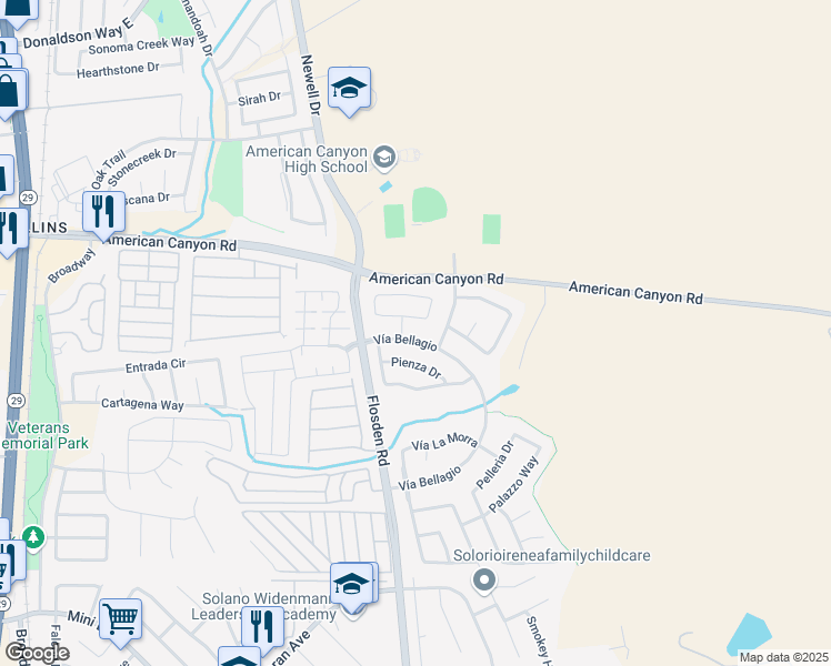 map of restaurants, bars, coffee shops, grocery stores, and more near 152 Vía Bellagio in American Canyon