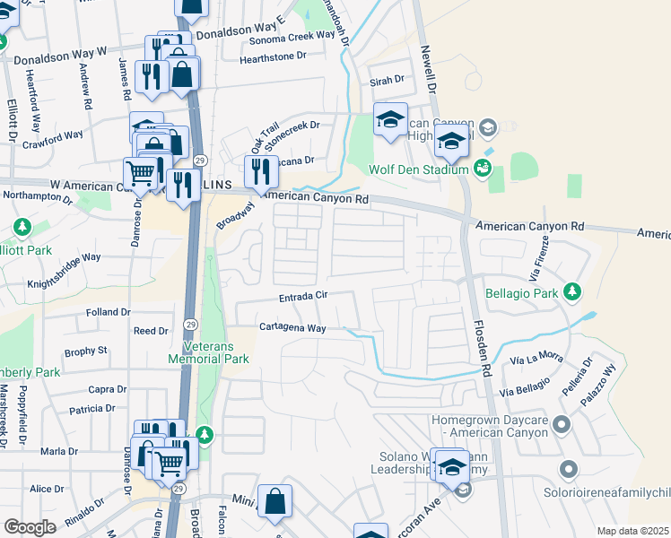 map of restaurants, bars, coffee shops, grocery stores, and more near 260 American Canyon Road in American Canyon