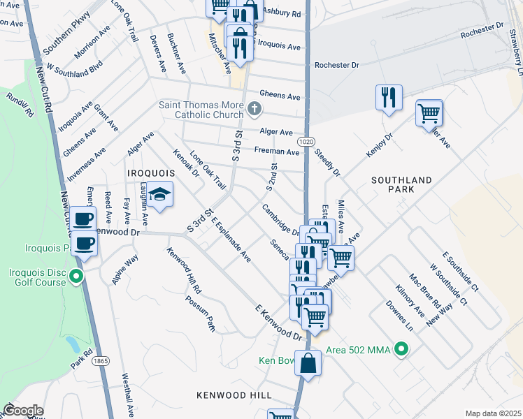map of restaurants, bars, coffee shops, grocery stores, and more near 134 Cambridge Drive in Louisville