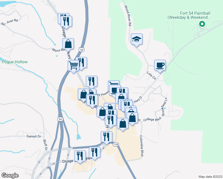 map of restaurants, bars, coffee shops, grocery stores, and more near Barry Prewitt Memorial Drive in Lake Ozark