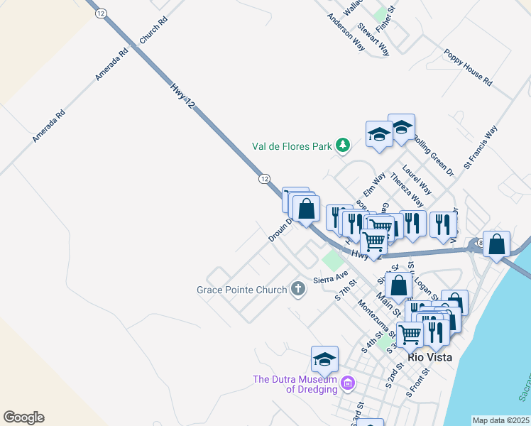 map of restaurants, bars, coffee shops, grocery stores, and more near 150 Drouin Drive in Rio Vista