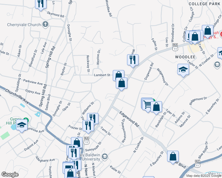 map of restaurants, bars, coffee shops, grocery stores, and more near 1410A North Augusta Street in Staunton