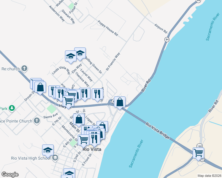 map of restaurants, bars, coffee shops, grocery stores, and more near 638 Virginia Drive in Rio Vista