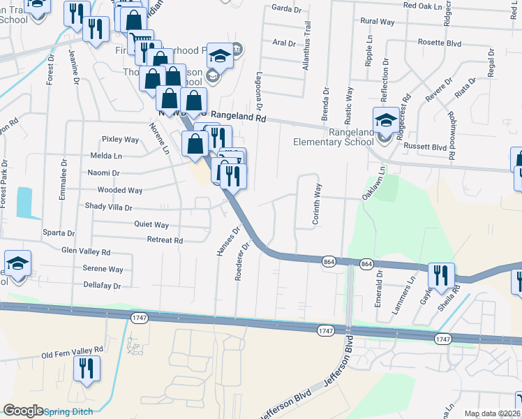 map of restaurants, bars, coffee shops, grocery stores, and more near 4513 Gordon Road in Louisville