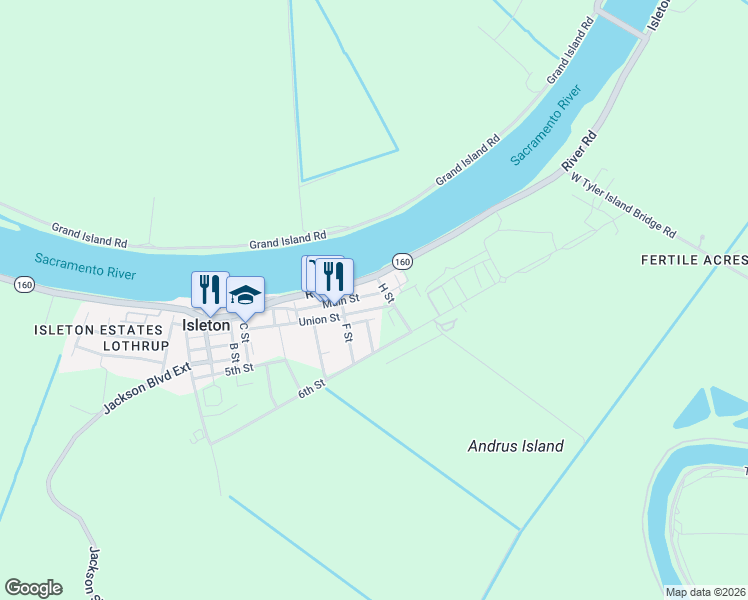 map of restaurants, bars, coffee shops, grocery stores, and more near 58 Main Street in Rio Vista